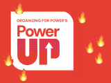 Logo voor Organizing for Power: Power Up, tegen een rode achtergrond, omringd door vuur-emoji